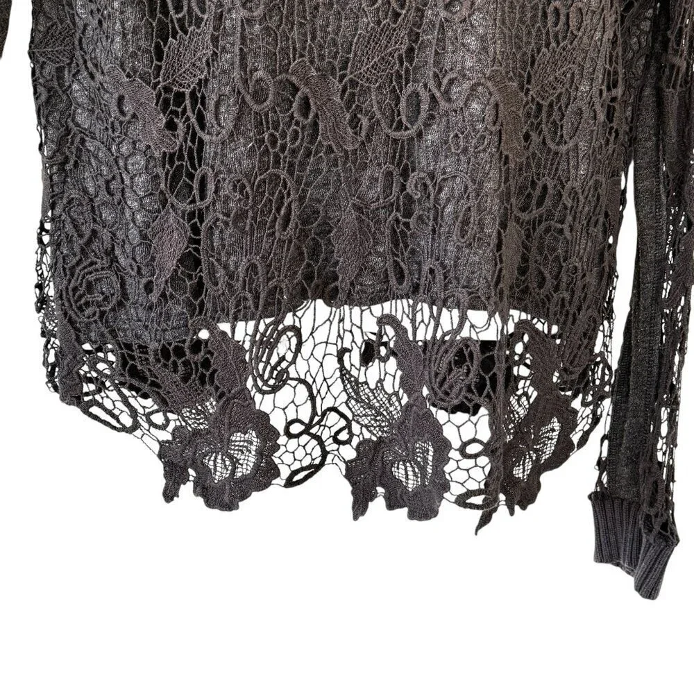 Free People Pretty Rad Sweater Graphite Black Round Neck Crochet Lace Goth Med